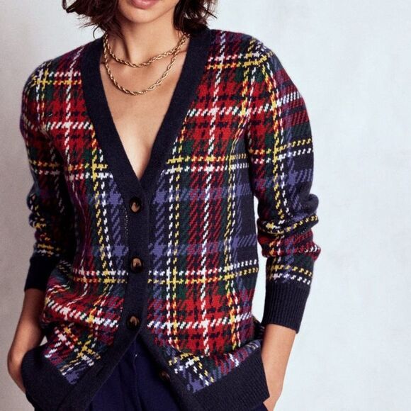 Boden Quinn Boyfriend Plaid Patterned Cardigan Sweater. Poly Wool Alpaca Medium - Picture 2 of 8